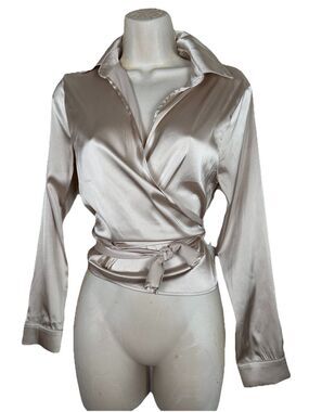 Windsor Champagne Wrap Blouse Top Long Sleeve Tie Waist Party Casual Sz Small